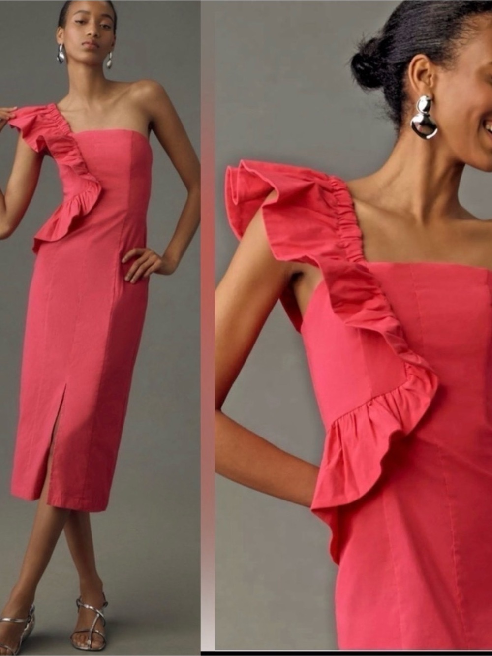 Anthropologie One-Shoulder Ruffle Linen Column Midi Dress size XL new in pink